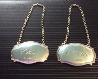 2 Sterling Silver Decanter Labels Whisky And Port Hallmarked photo