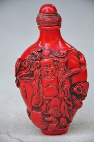 Delicate Chinese Red Coral Hand Carved Smiling Buddha Snuff Bottle photo