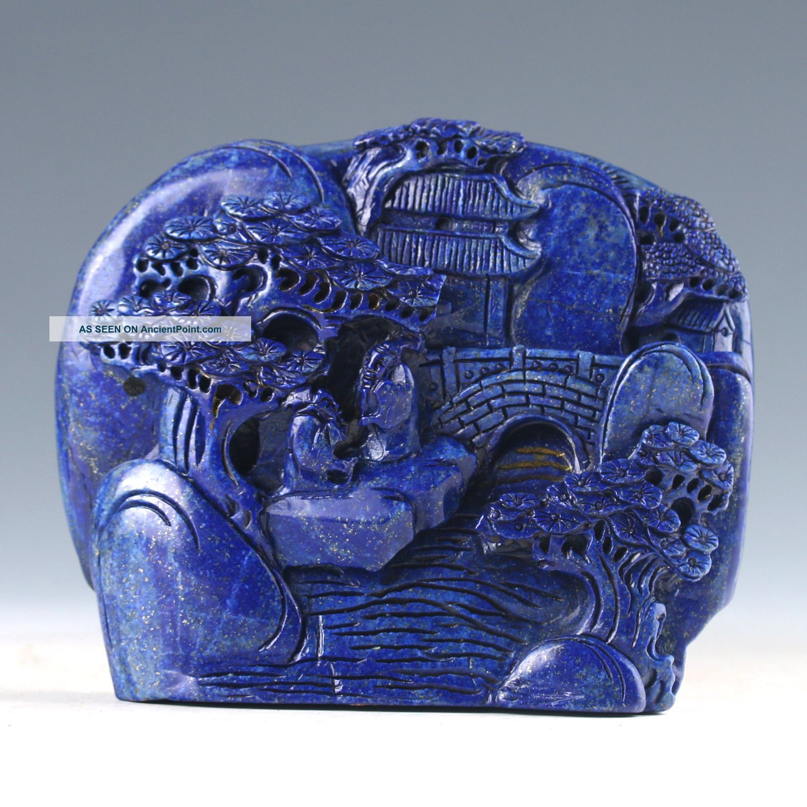 100 Natural Lapis Lazuli Hand Carved Old Man & House & Bridge Statue D1046 Other Antique Chinese Statues photo