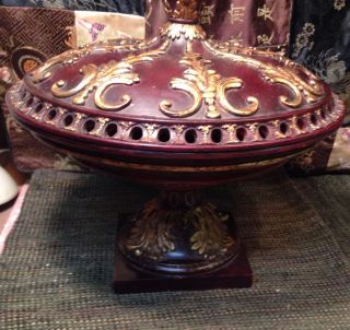 Large Decorative Footed Wooden Urn/ Bowl With Gold Leaf - Comes With Lid photo
