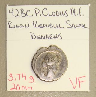 42 Bc P.  Clodius M.  F.  Apollo/diana Ancient Roman Republic Silver Denarius Vf photo