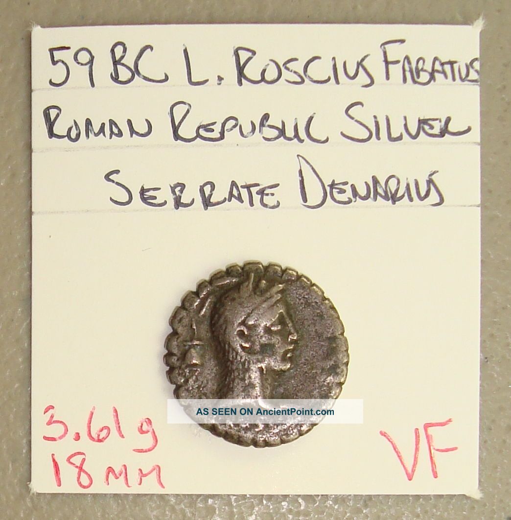 59 Bc L.  Roscius Fabatus Ancient Roman Republic Silver Serrate Denarius Vf Roman photo