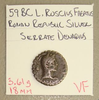 59 Bc L.  Roscius Fabatus Ancient Roman Republic Silver Serrate Denarius Vf photo