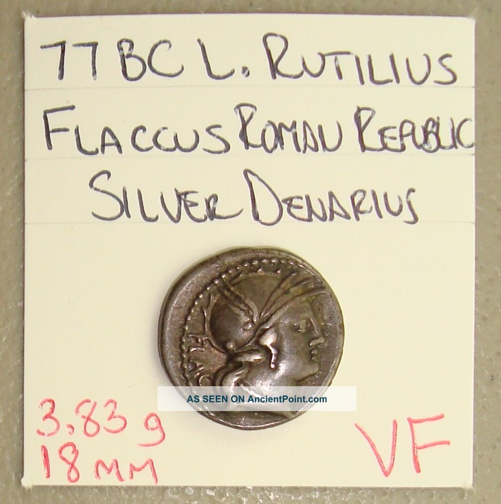 77 Bc L.  Rutilius Flaccus Roma/victory Ancient Roman Republic Silver Denarius Vf Roman photo