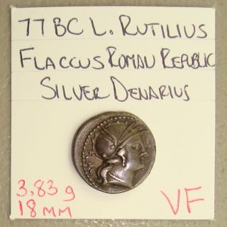77 Bc L.  Rutilius Flaccus Roma/victory Ancient Roman Republic Silver Denarius Vf photo