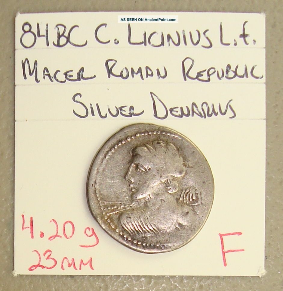 84 Bc C.  Licinius L.  F.  Macer Ancient Roman Republic Silver Denarius F Roman photo