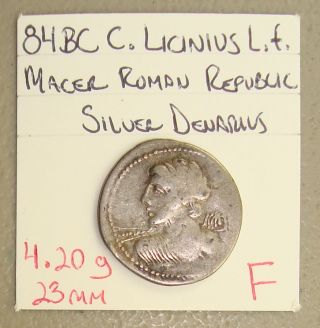 84 Bc C.  Licinius L.  F.  Macer Ancient Roman Republic Silver Denarius F photo
