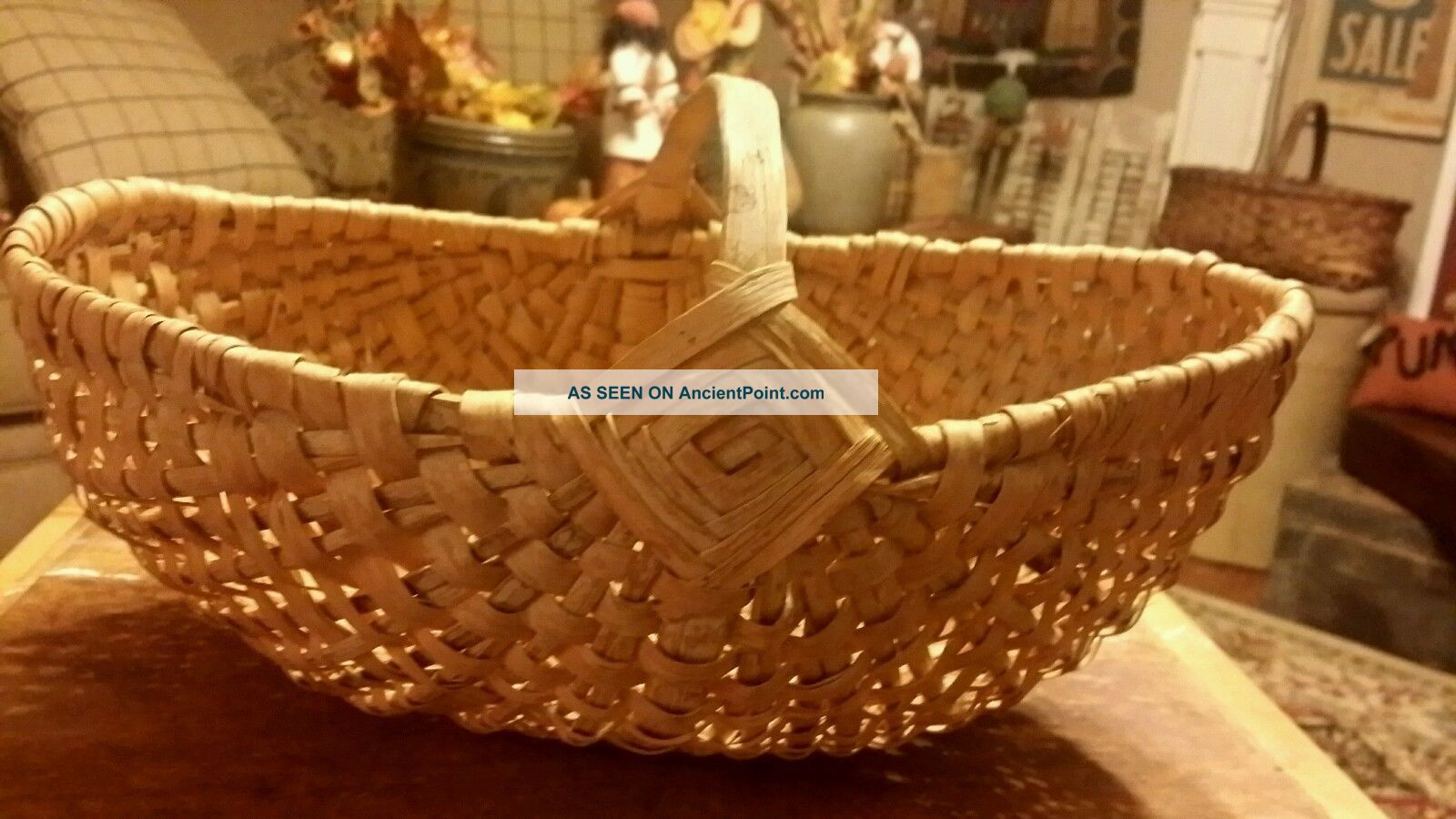 Antique Primitive Splint Oblong Buttock Egg Basket Hand Carved Handle Aafa Primitives photo
