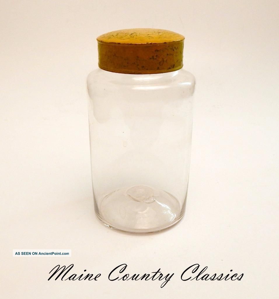 Antique Blown Apothecary Pantry Glass Jar With Yellow Paint Tin Lid And Pontil Bottles & Jars photo