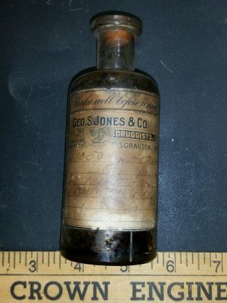 Antique 1900 Apothecary Pharmacy Medicine Bottle Great Label Half Cork Scranton photo