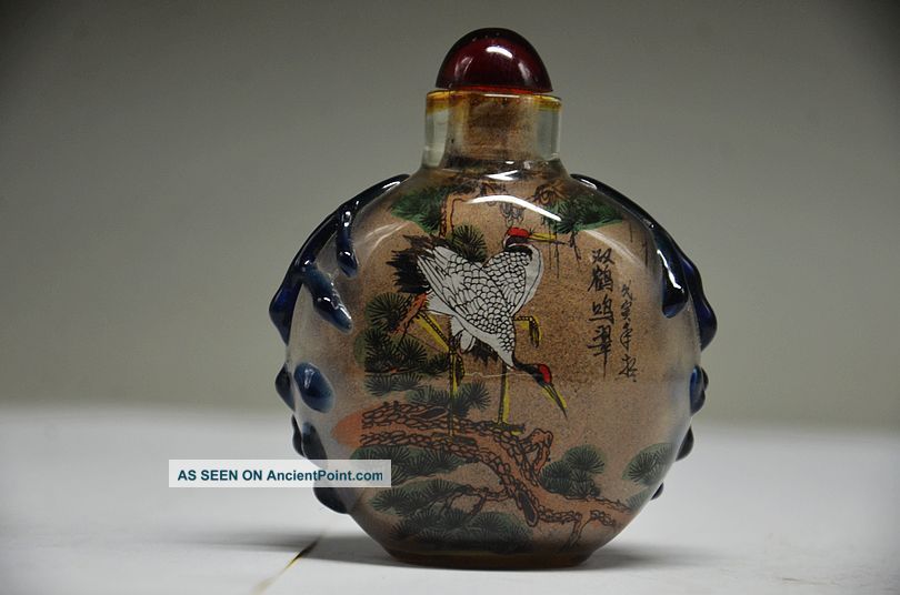 Exquisite Chinese Glass Handwork Painting Red - Crowned Crane Snuff Bottle Fs41 Snuff Bottles photo