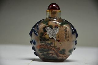 Exquisite Chinese Glass Handwork Painting Red - Crowned Crane Snuff Bottle Fs41 photo