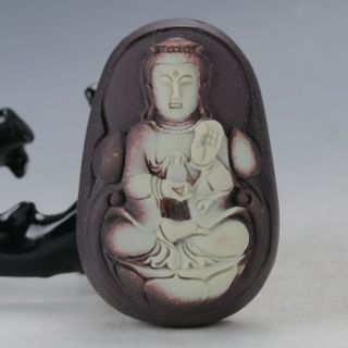 100 Natural Peach Stone Jade Hand - Carved Guanyin Staute C126 photo