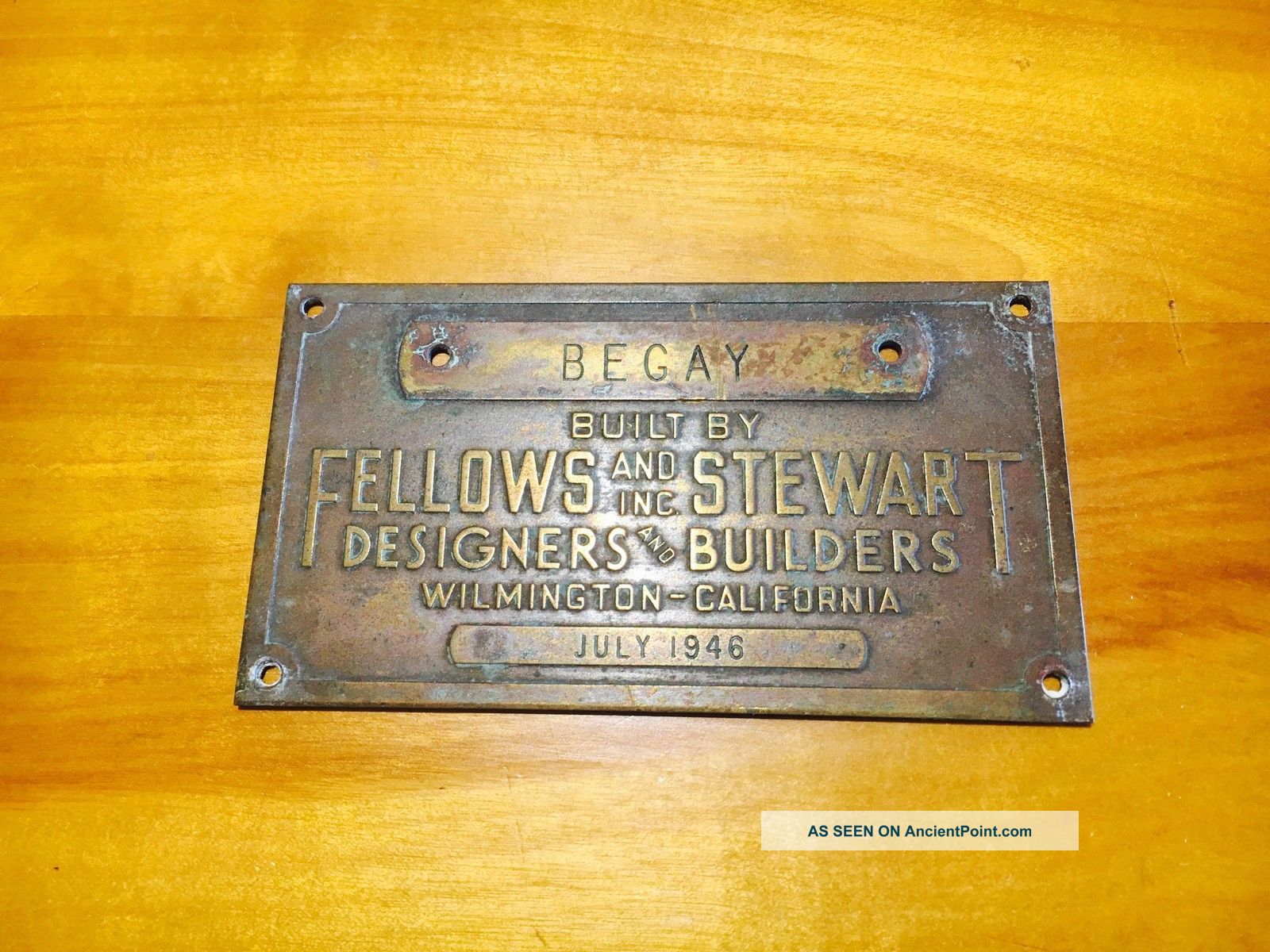 Fellows And Stewart Vintage Boat Builders Brass Plaque 1946 