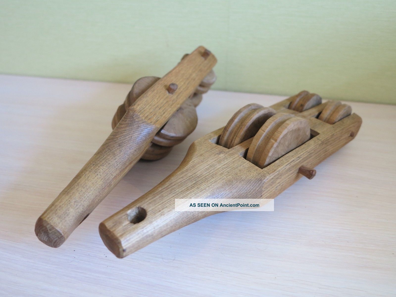Antique Primitive Oak Wood 2 Pair Loom Parts Pulleys Lithuania Europe Dated 1901 Primitives photo