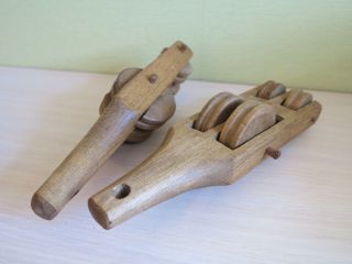 Antique Primitive Oak Wood 2 Pair Loom Parts Pulleys Lithuania Europe Dated 1901 photo