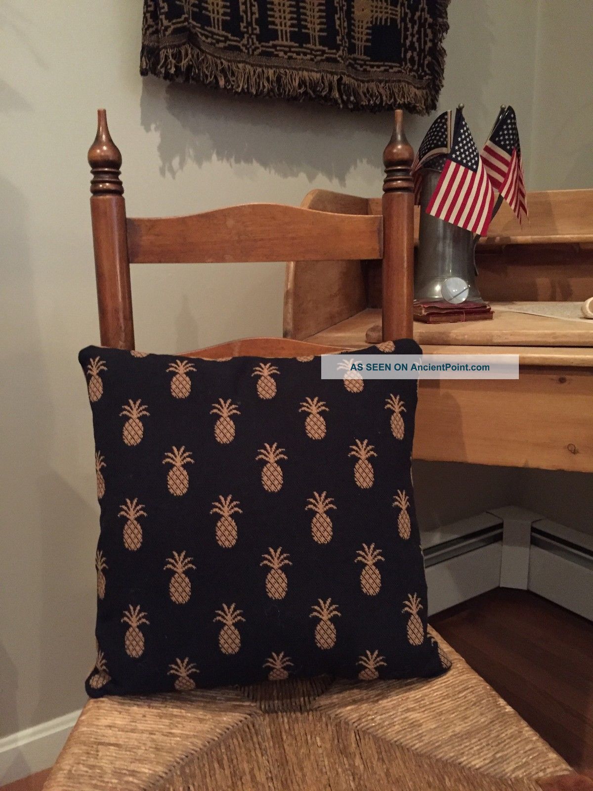 Large Black And Mustard Reversible Woven Pineapple Pillow Primitives photo