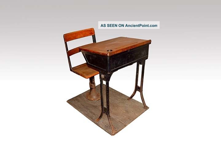 Antique Cast Iron/wood School Desk - - Pencil Tray,  Ink Well 1900-1950 photo