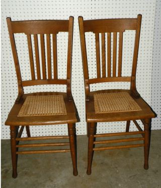 Pair Vintage Oak Caned Seat Chairs photo