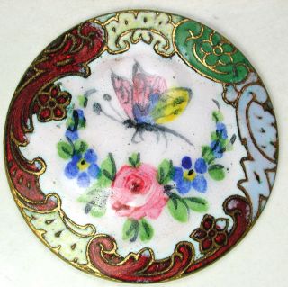 Antique French Enamel Hand Paint Flowers & Butterfly Champleve Border 1 & 3/16 