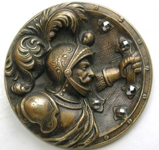 Lg Sz Antique Brass Button Knight Holding Shield W/ Cut Steel Accents 1 & 5/16 
