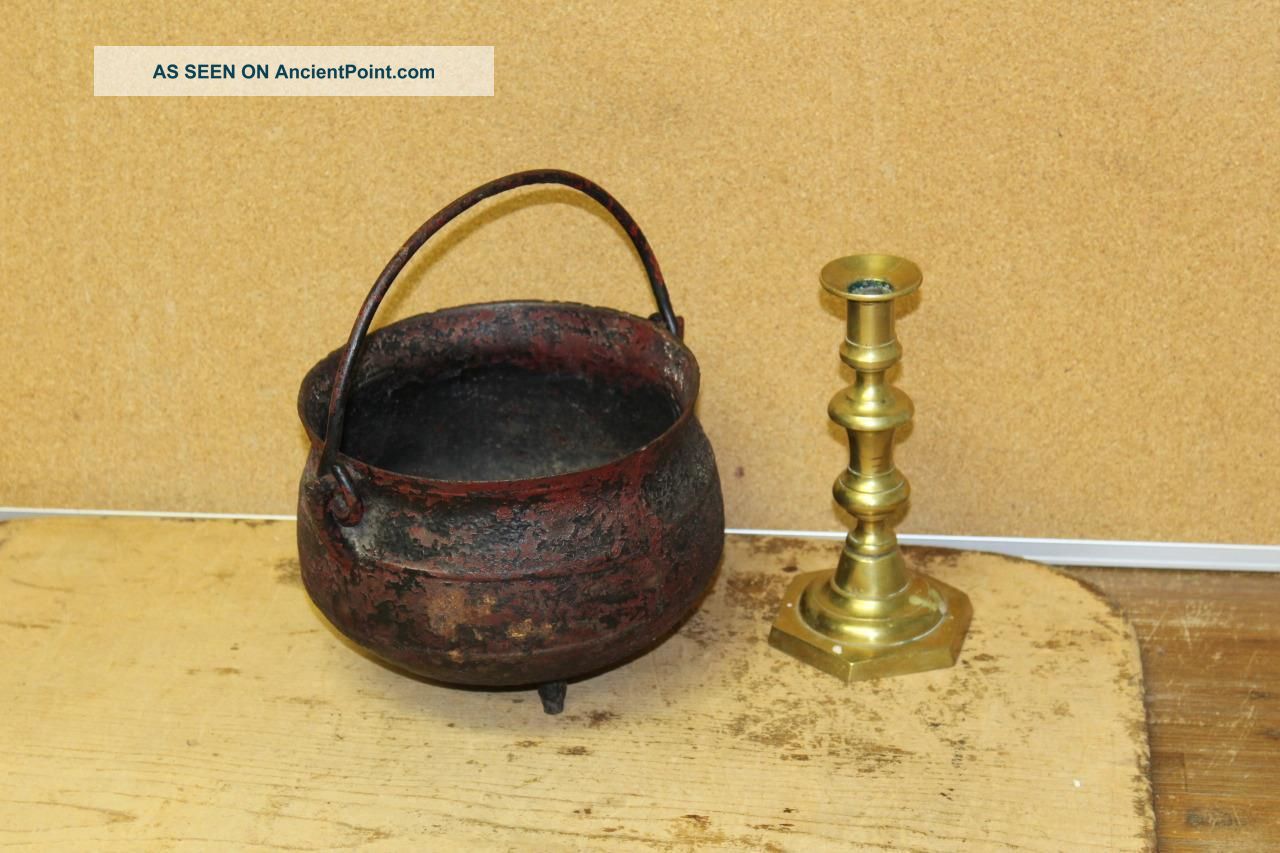 Rare 17th - 18th C Pilgrim Era Cast Iron Hanging Footed Pot In Primitives photo