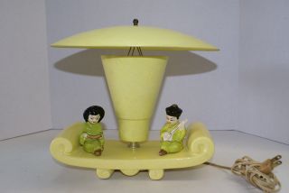 Vintage 1950 Tv Lamp Porcelain Chinese Figurese Fiberglass Shade & Light Cover photo