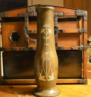 Art Nouveau Vase Bronze With Solid Sterling Silver Art Nouveau Flower Design. photo