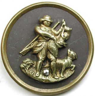 Lg Sz Antique Brass Button Faithful Dog & Hunter Bagging Rabbit Scene - 1& 9/16 