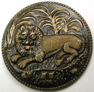 Antique Stamped Brass Button Lion Resting In Jungle Scene - 1 
