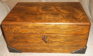 Vintage From Estate Tiger Oak ? Wood Box W/ Key Ornate Metal Corners Lined And photo
