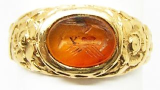 Ancient Roman 2nd - 3rd Century Ad Carnelian Intaglio Clasped Hands In Gold Ring photo