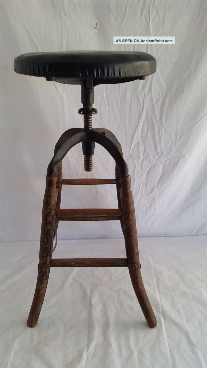 Small Antique Industrial,  Factory Stool,  Iron,  Wood,  Adjustable For Restoration 1900-1950 photo
