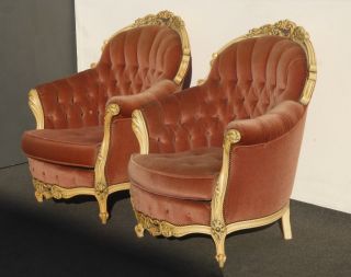 Pair Vintage French Ornate Rococo Ornately Carved Rose Mohair Velvet Arm Chairs photo