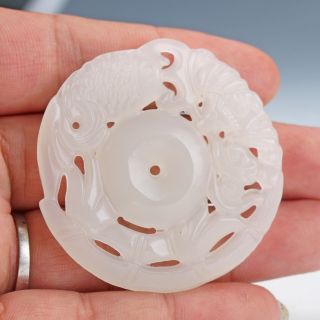 Chinese Collectable White Jade Hand Carved Koi Fish Pendant T39 photo