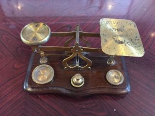 Antique Vintage Brass Postal Letter Scales With Weights Postal Rates For Letters photo