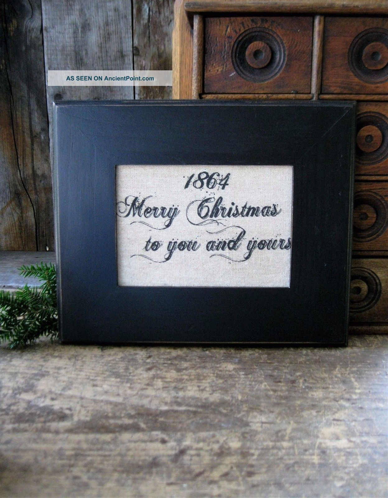 Fabric Merry Christmas Sign Framed In Wood Primitives photo