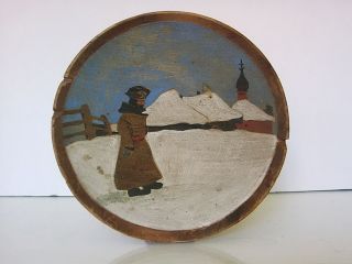 Russian Carved & Painted Plate C.  1900 Typical Russian Winter Scene / Folk Art photo