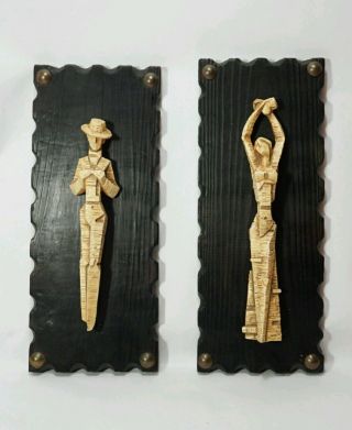 Mid Century Modern 1950s Cubist Wall Plaques Spanish Dancers Statuary Pair photo