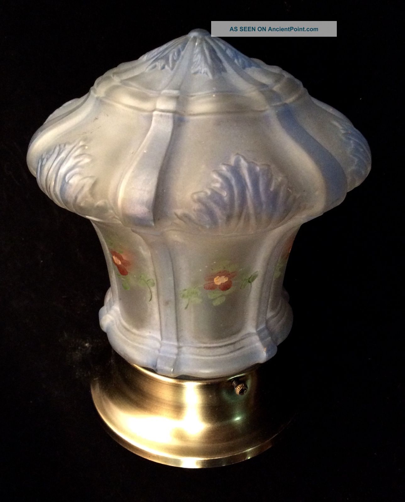 Antique 1920s Deco Hand Painted Blue Glass Shade With Flush Mount Fixture Chandeliers, Fixtures, Sconces photo