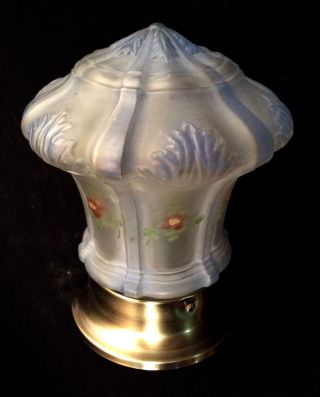 Antique 1920s Deco Hand Painted Blue Glass Shade With Flush Mount Fixture photo