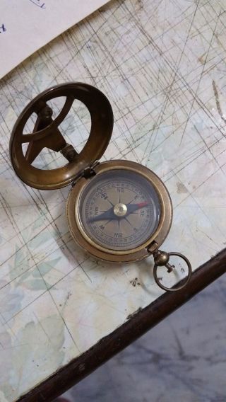 Nautical Brass Sundial Compass,  Antique Brass Vintage Camping Hiking Compass photo
