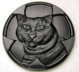 Antique Black Glass Button Detailed Big Tabby Cat Face - 1 & 1/16 