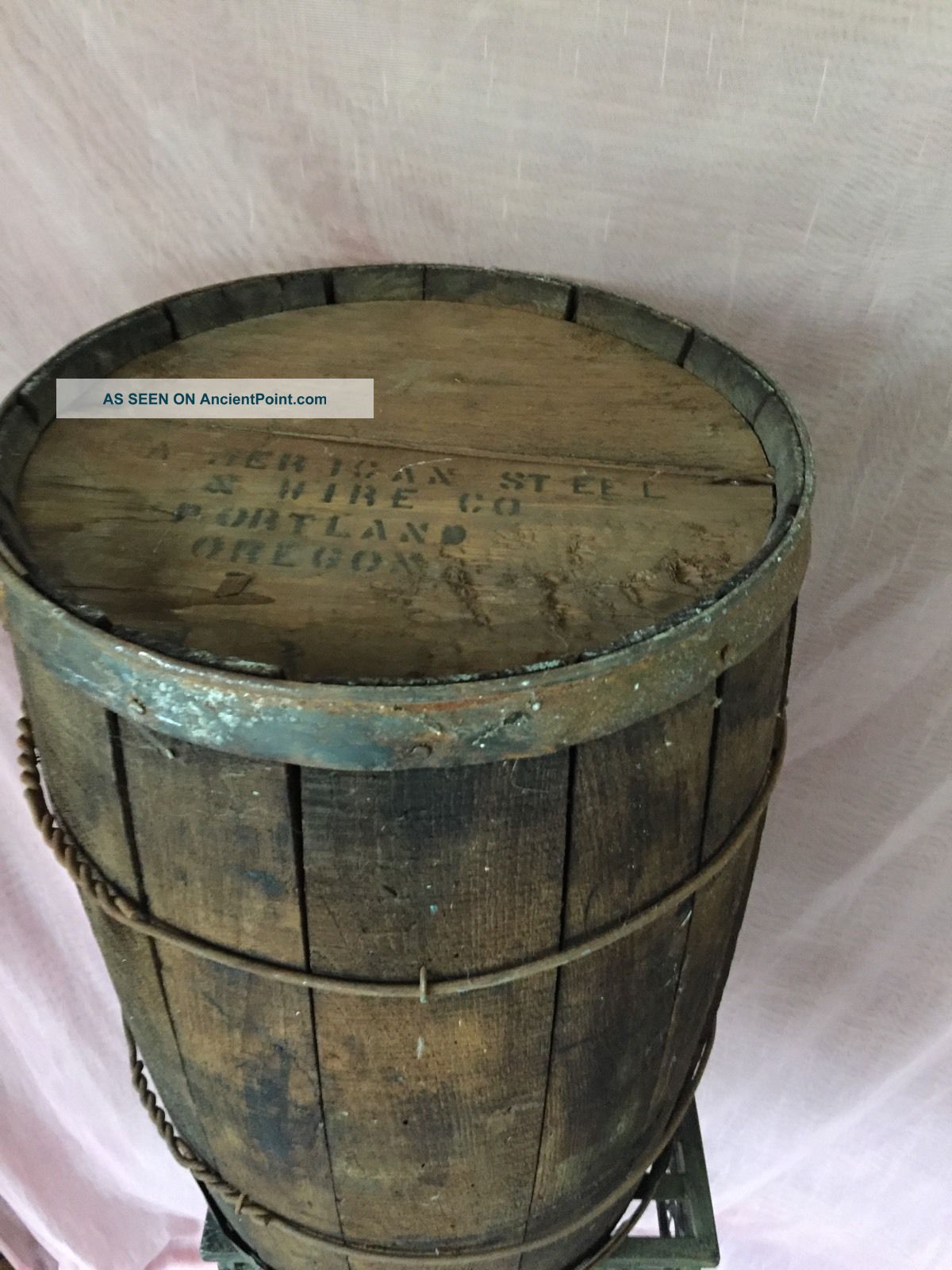 Antique Vtg Wooden Iron Barrel Nail Keg American Steel & Wire Portland