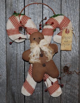Primitive Christmas Candy Canes Gingerbread Man Wall Hanging Rustic Door Greeter photo