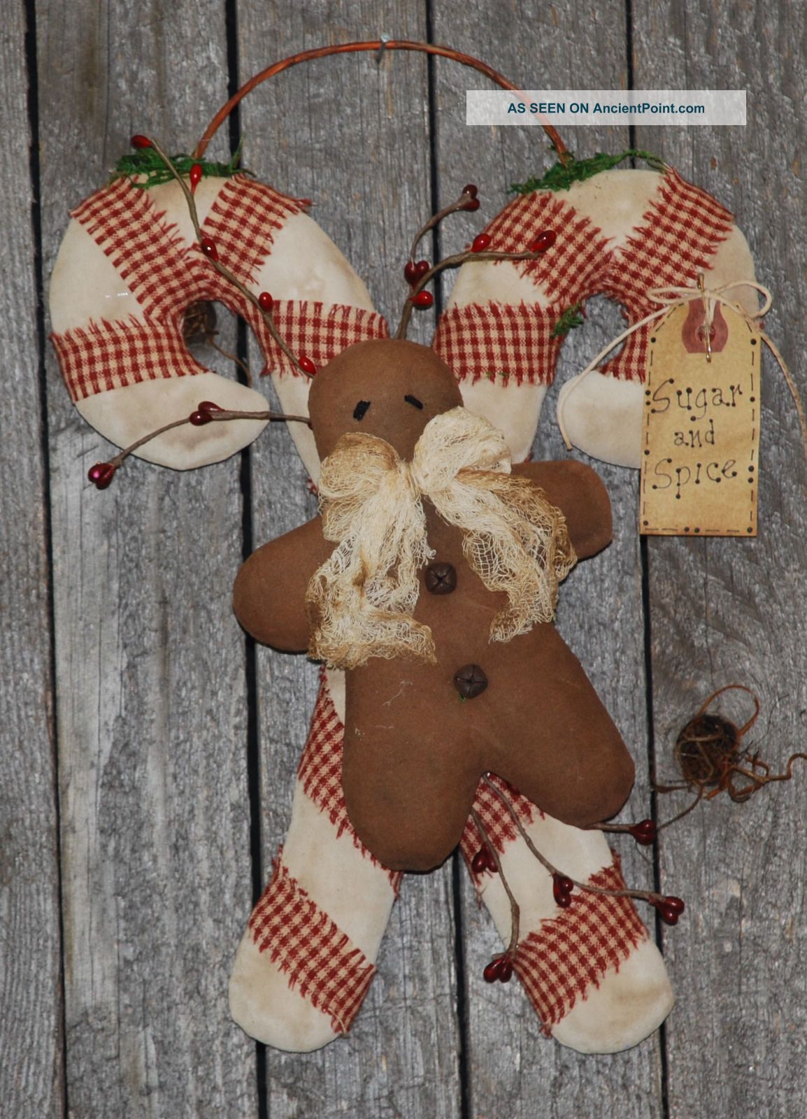 Primitive Christmas Candy Canes Gingerbread Man Wall Hanging Rustic Door Greeter 