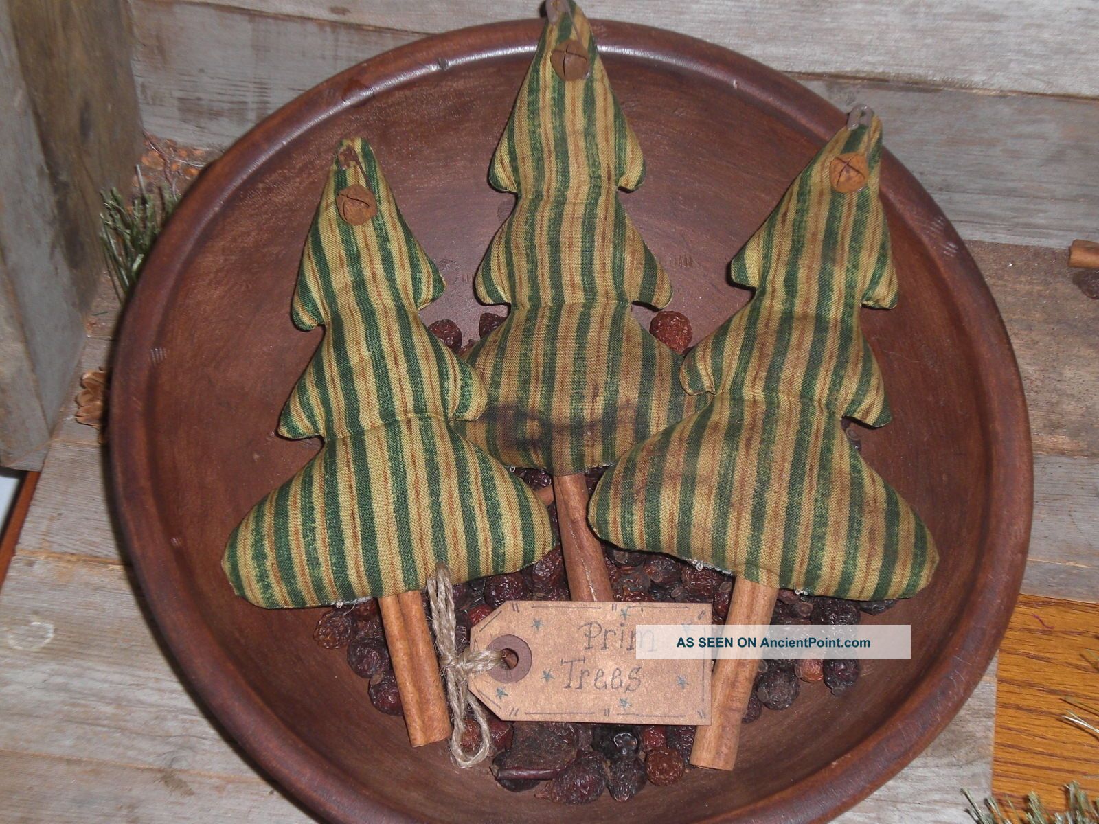 3 Primitive Rustic Green Christmas Trees Bowl Fillers Ornies Ornaments Tucks Primitives photo