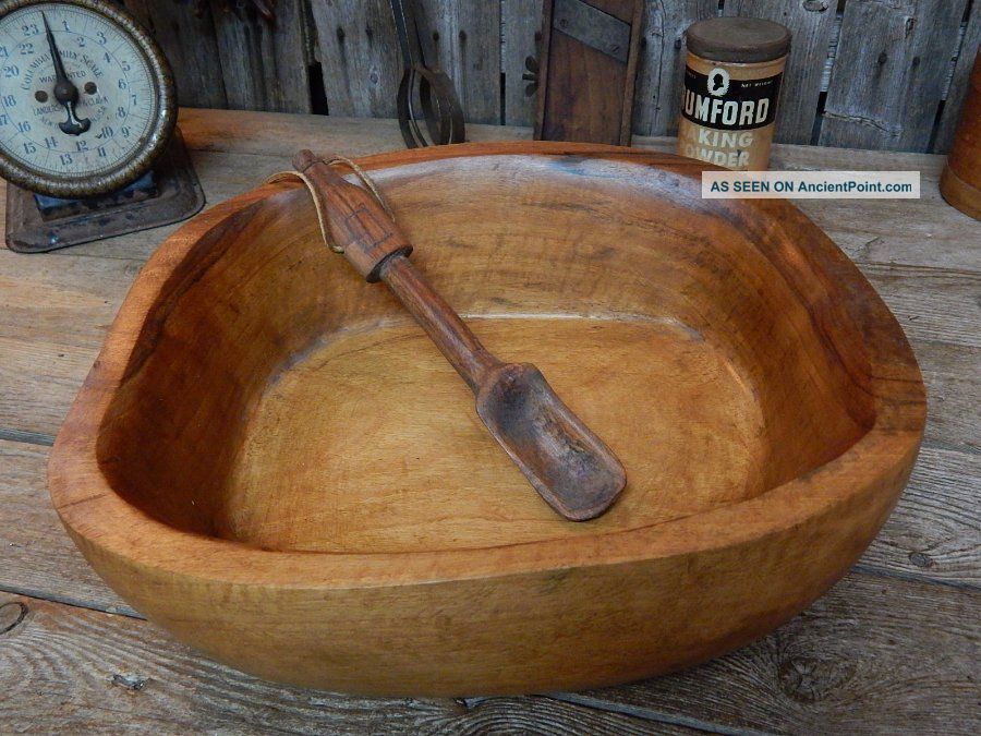 Primitive Hand Carved Wood Dough Trencher Bowl & Folk Art Spoon 13x11 Primitives photo