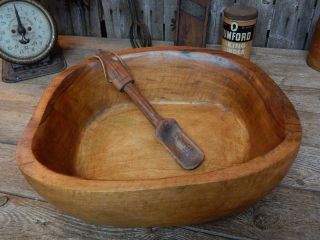 Primitive Hand Carved Wood Dough Trencher Bowl & Folk Art Spoon 13x11 photo