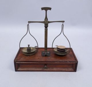 Fine Antique 19c Apothecary Brass & Walnut Measure & Weights Beam Scale photo